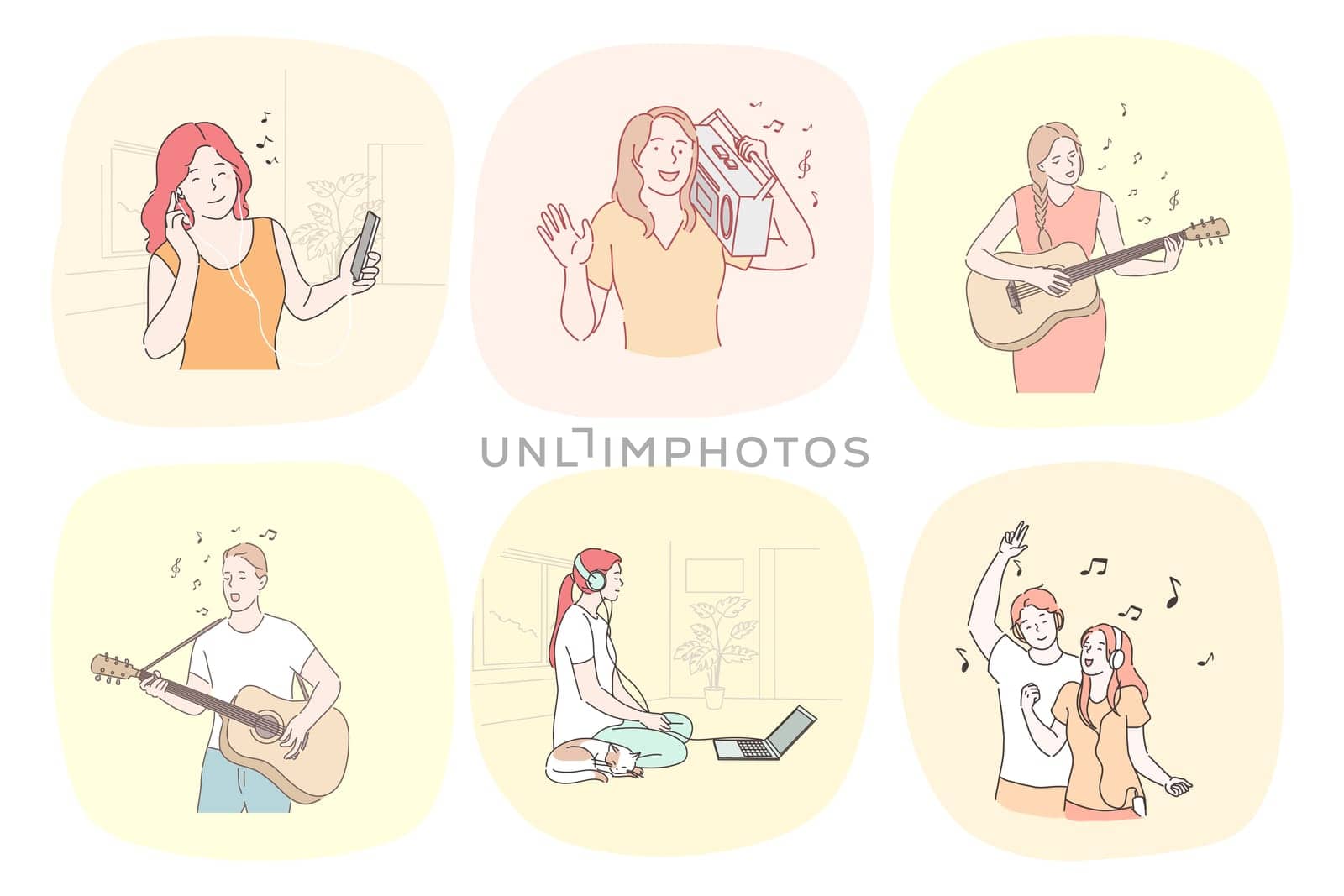 Recreation, antistress, dance, music set concept. Collection of young men women teenagers musicians playing guitar musical instrument singing songs together. Active lifestyle and creative perfomance.