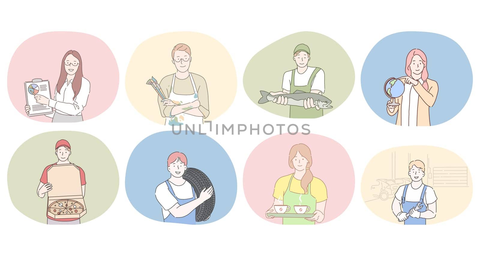 Various professions and occupation concept. People professional marketing specialist, artist, fish seller, geography teacher, pizza delivery man, tire worker, waitress, worker or repairman during work