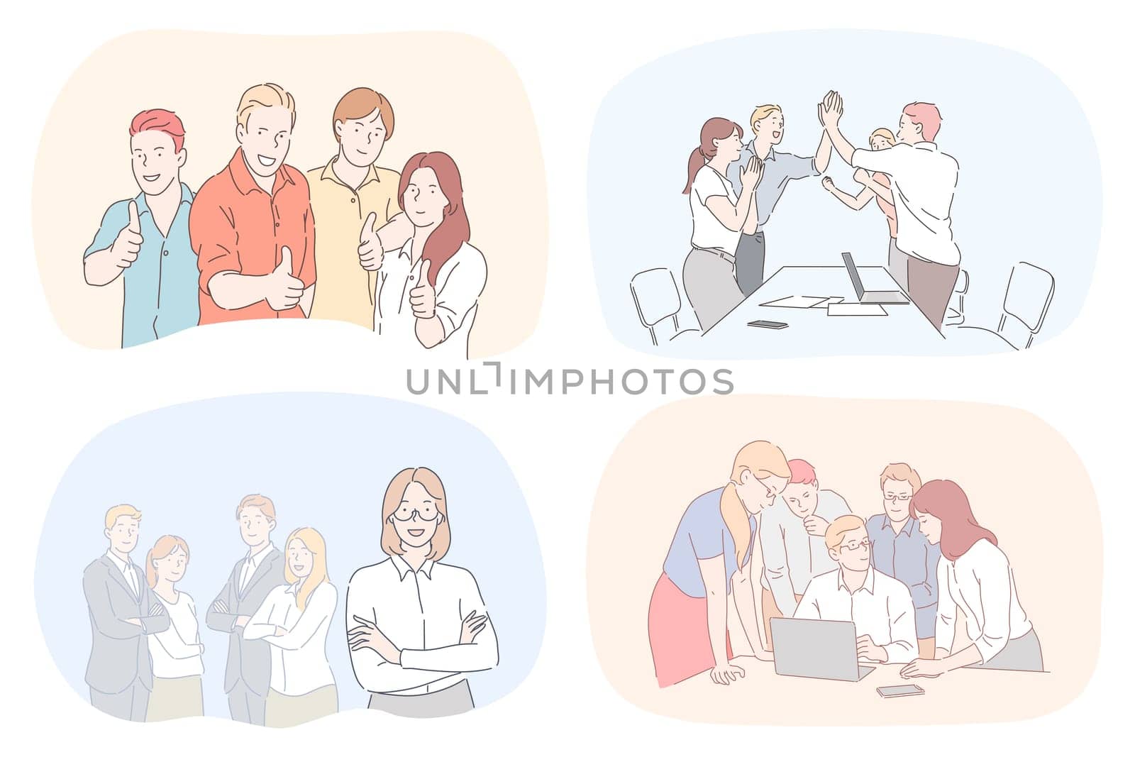 Success, business, leadership, coworking, meeting, partnership, brainstorming, communication, teamwork set. Collection of teams of businessmen women coworkers managers working together in office.