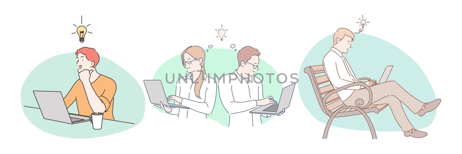 Successful project, great idea, innovation, business concept. Young positive business people sitting with laptops in office or park, working online on laptops and having great ingenious ideas in mind
