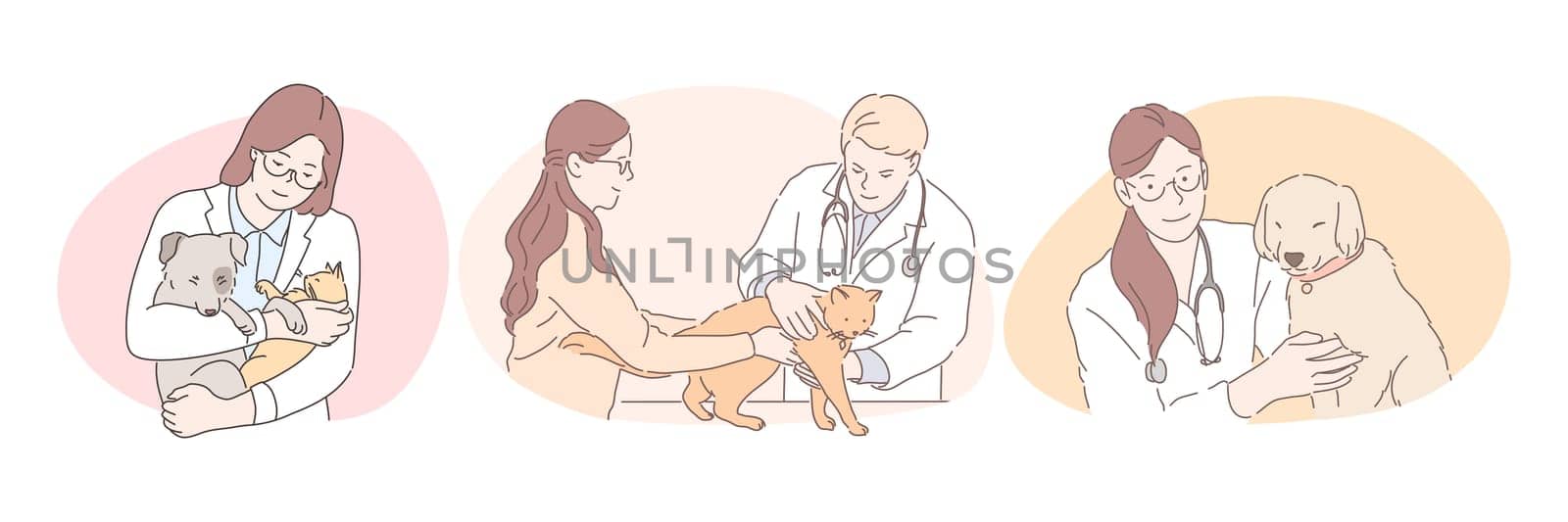 Professional veterinarian with pets during work concept by VECTORIUM