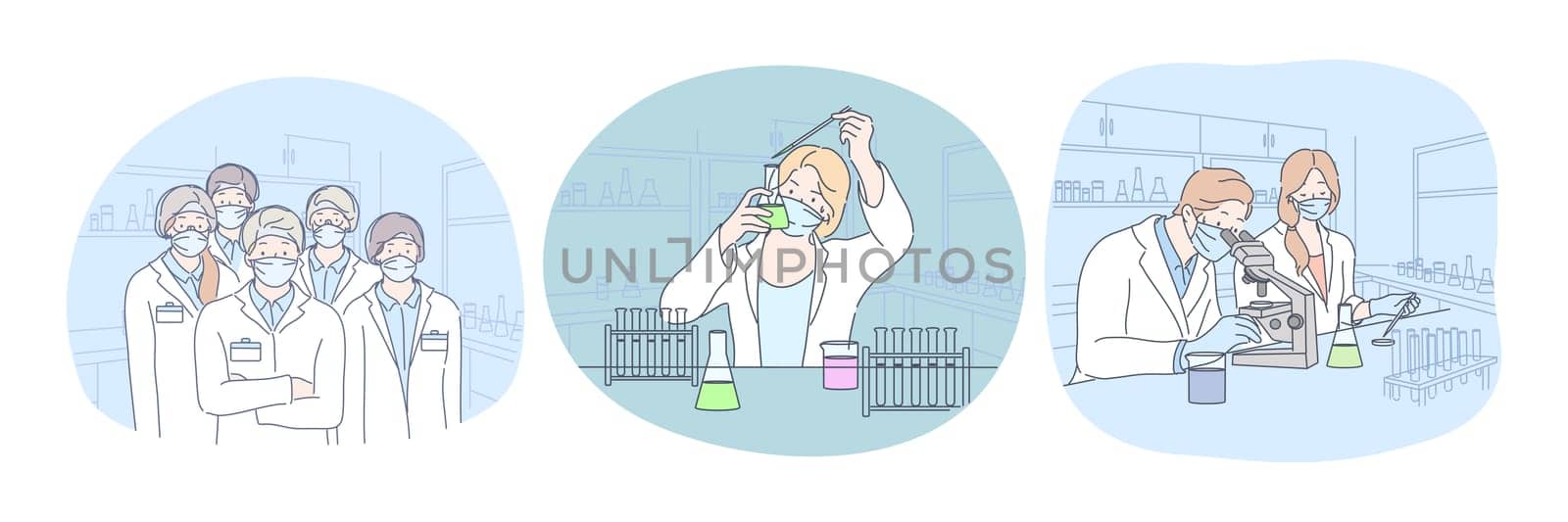 Coronavirus medical research and virus analysis in lab. People scientists in protective medical masks making scientific experiment and investigating microbiology of virus molecules in laboratory