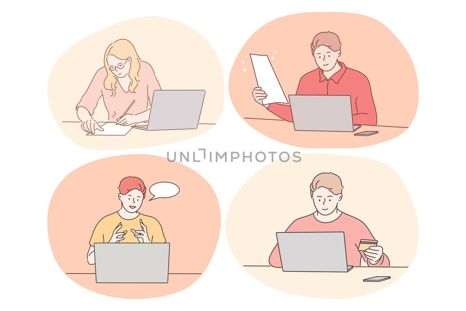 Online communication, elearning, distant working, paying online concept. Young women and men sitting and working, studying, ordering things and chatting online on laptops from home or office
