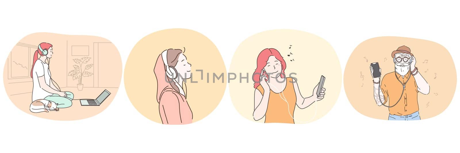 Listening to music or audiobook with headphones concept. Young women and man enjoying favourite music or audiobook, watching movie with headphones connected to laptop or smartphone