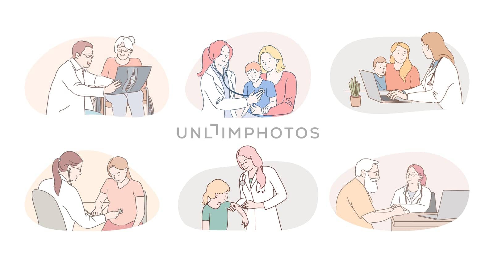 Medicare, healthcare, therapists, paediatricians working concept. Professional doctors therapists and pediatricians cartoon characters consulting and curing patients in medical clinics during visits