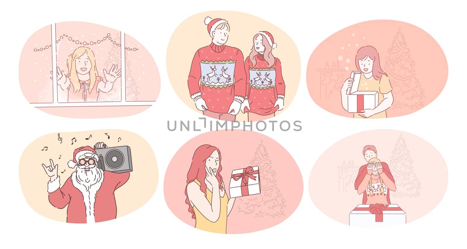 Christmas, New year, Winter holidays celebration concept. Happy people and children cartoon characters in festive Santa costumes celebrating Christmas and New Year and getting presents