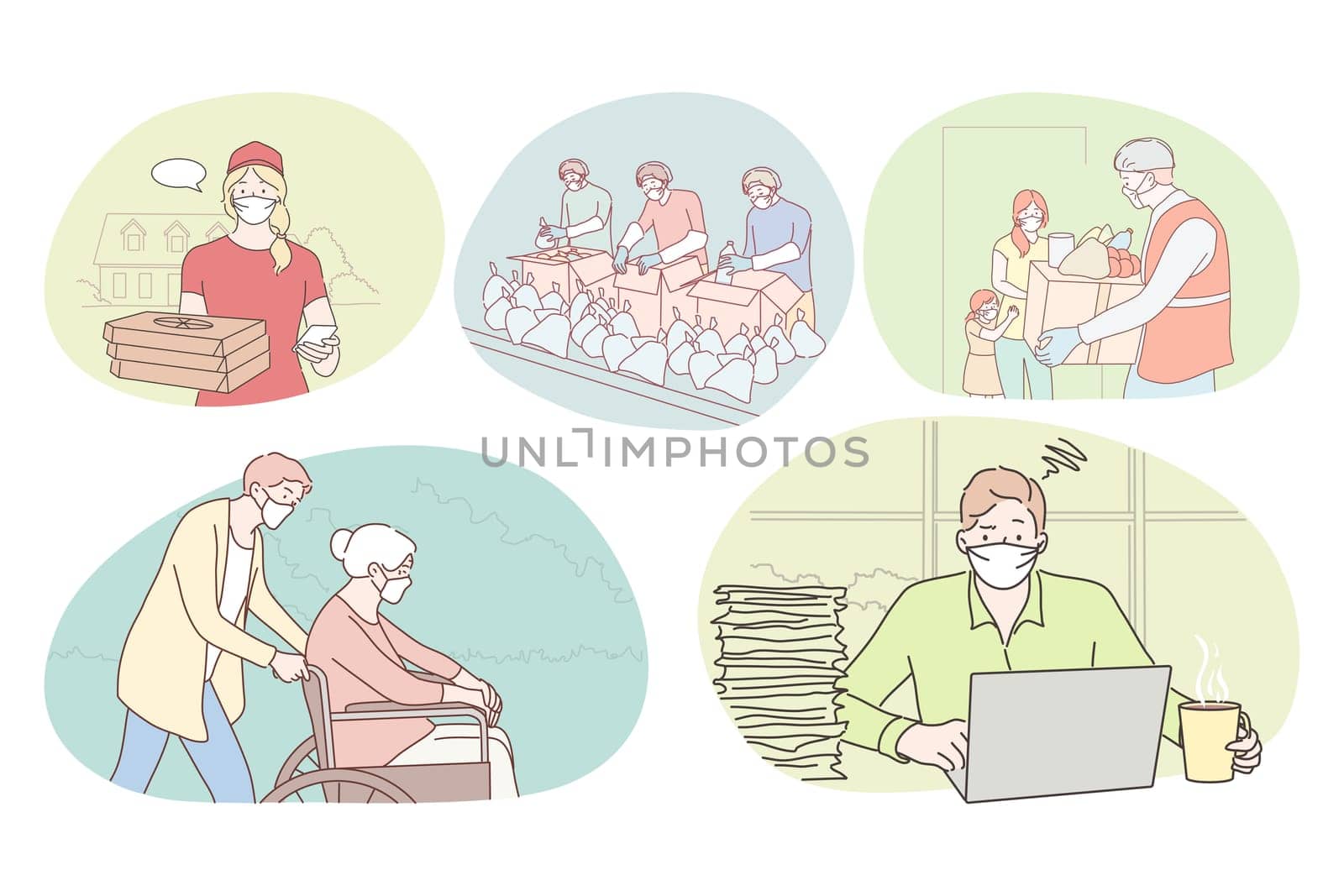 People of different professions working during coronavirus pandemic. People professional deliverymen, packers, office worker, sitter with disabled in medical protective mask working during epidemic