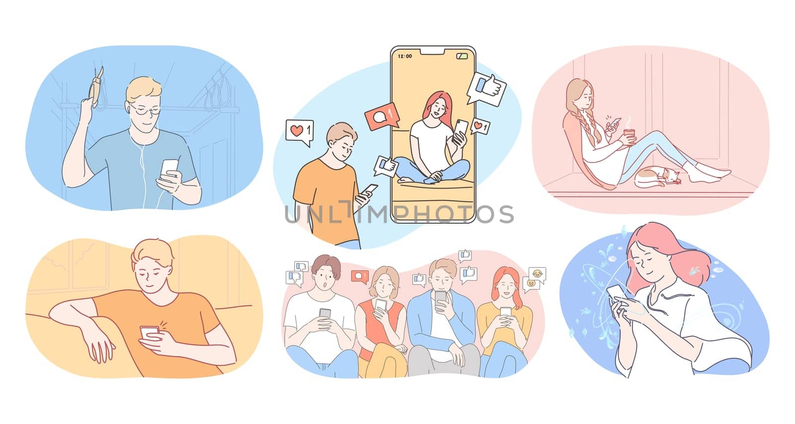 Online communication and chat on smartphone concept. Girls and boys teens cartoon characters chatting, searching for information, messaging and dating online using smartphones indoors and outdoors