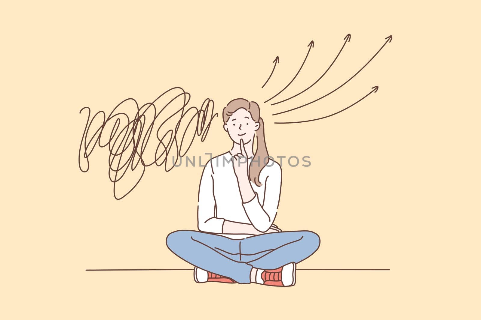 Strategy, solution, brainstorm concept. A young woman solves a puzzle and finds a solution. Concentrated student girl thinking or looks for the answer to a question. Vector flat design.