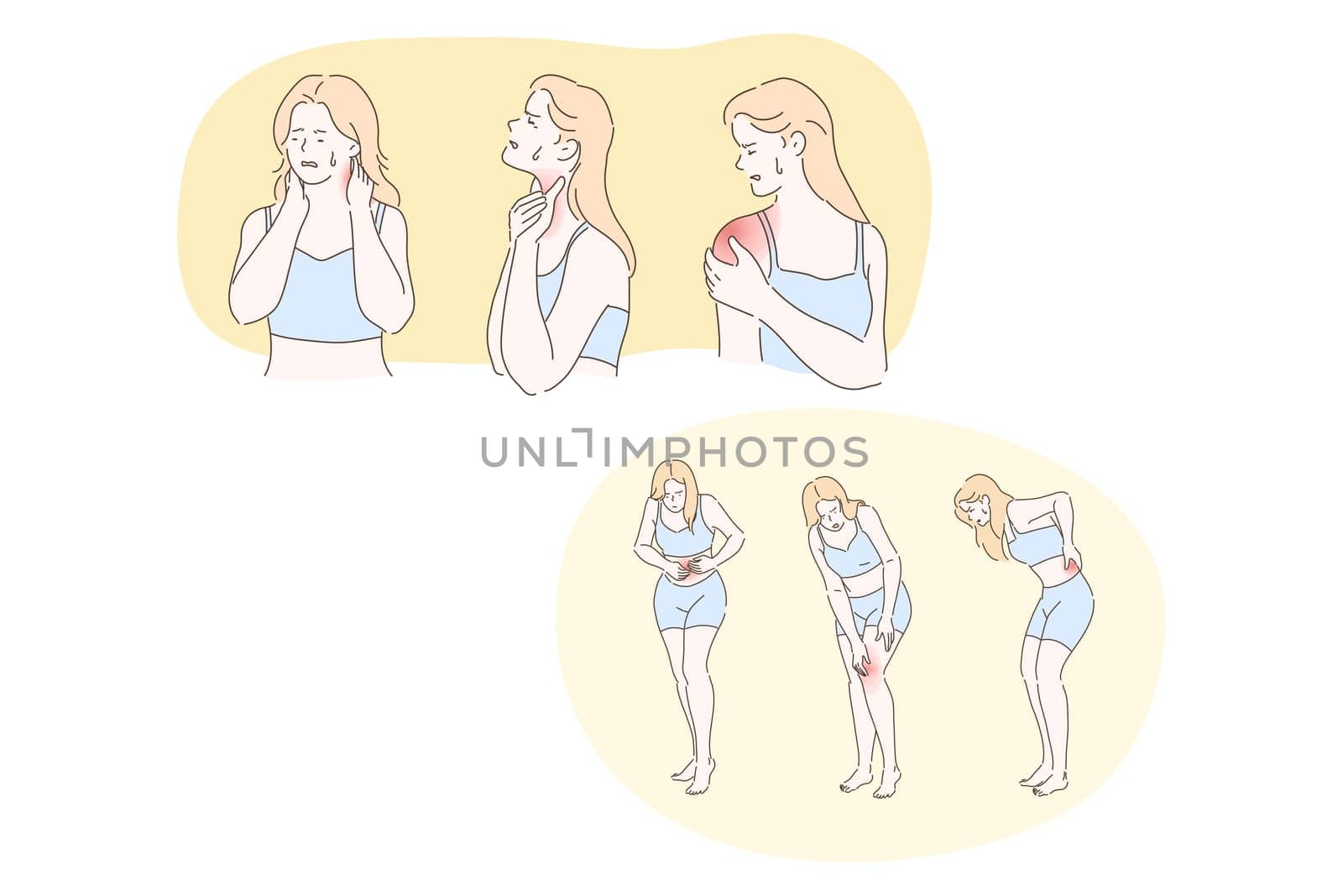Woman having chronic pain in body and joints concept. Young woman cartoon character suffering from back, neck, shoulder, knee, belly pain or arthritis with red indicator on pain focus