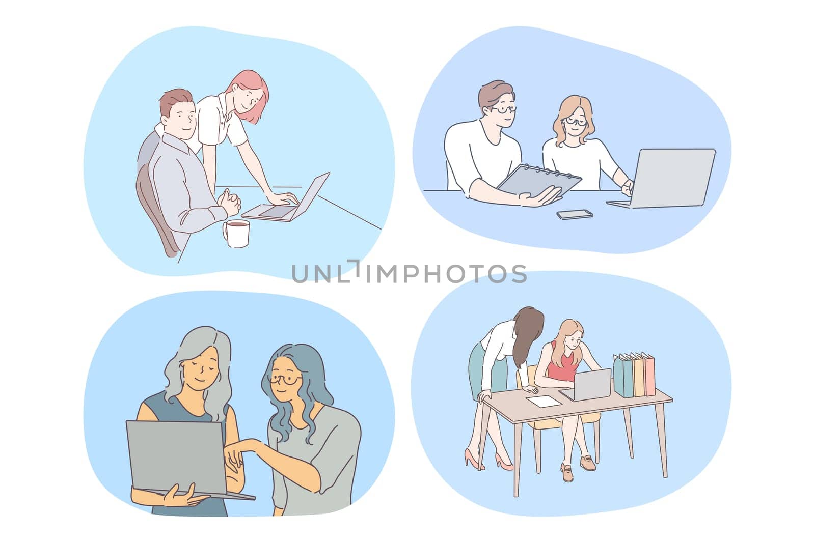 Teamwork, cooperation, startup concept. Young office workers colleagues coworkers working together on projects with laptops and discussing ideas in office. Partnership, collaboration, business group