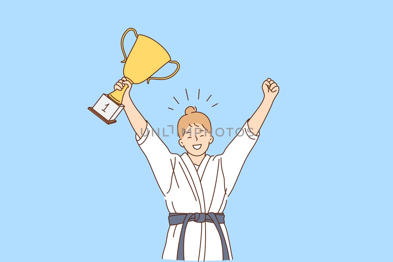 Girl karate fighter and winner concept. Smiling happy girl in white kimono with belt karate fighter standing with golden trophy in hands and celebrating victory feeling confident