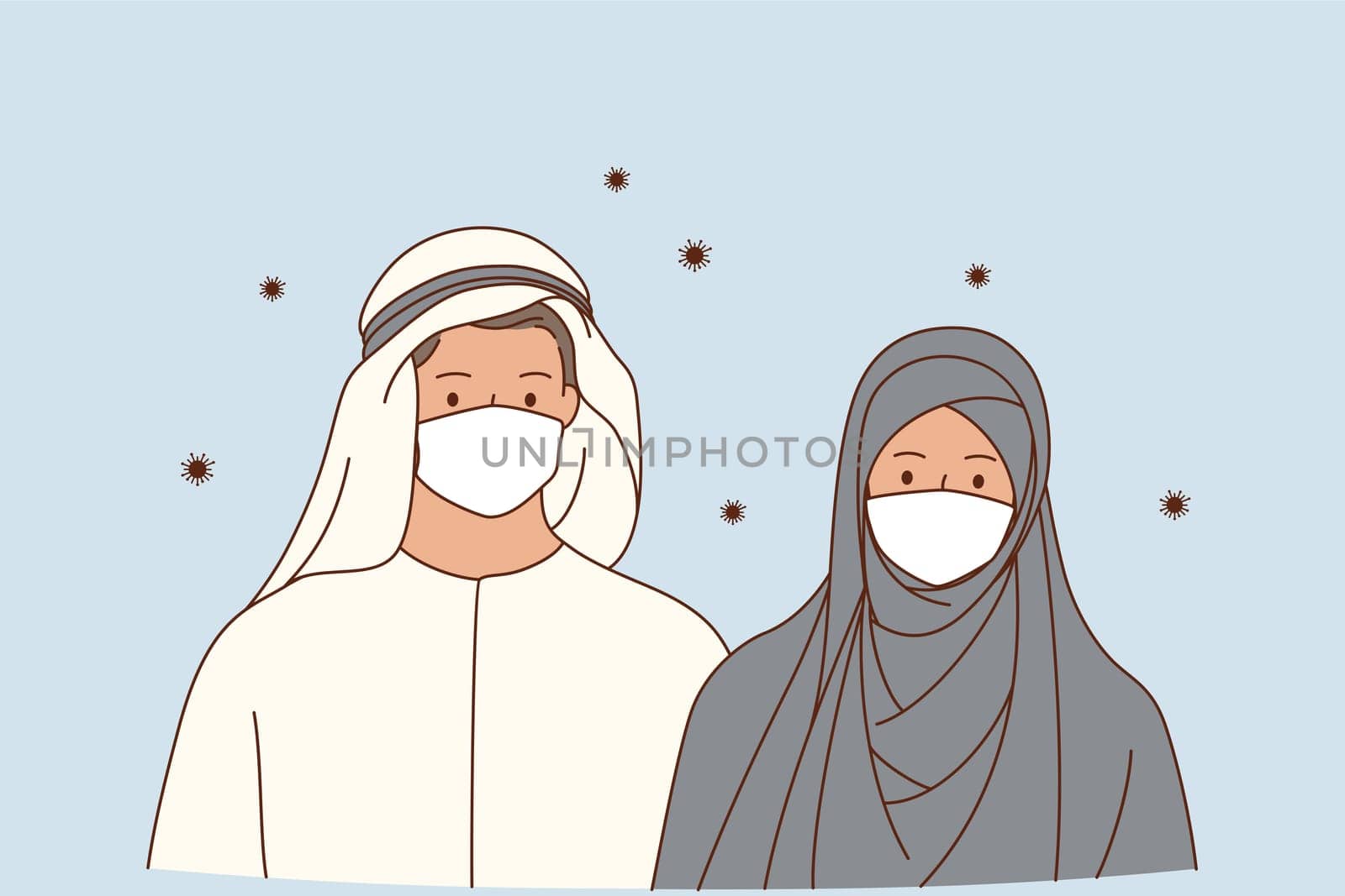 Individual Protection against Coronavirus infection concept. Muslim husband and wife cartoon characters wearing protective medical masks for virus prevention standing outdoors vector illustration