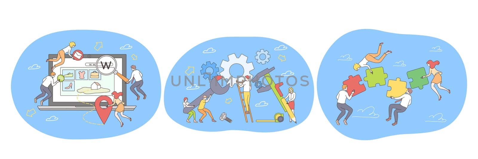 Set of hand drawn successful business teams working on projects and achieving common business goals together over white background vector illustration. Teamwork, collaboration, cooperation concept