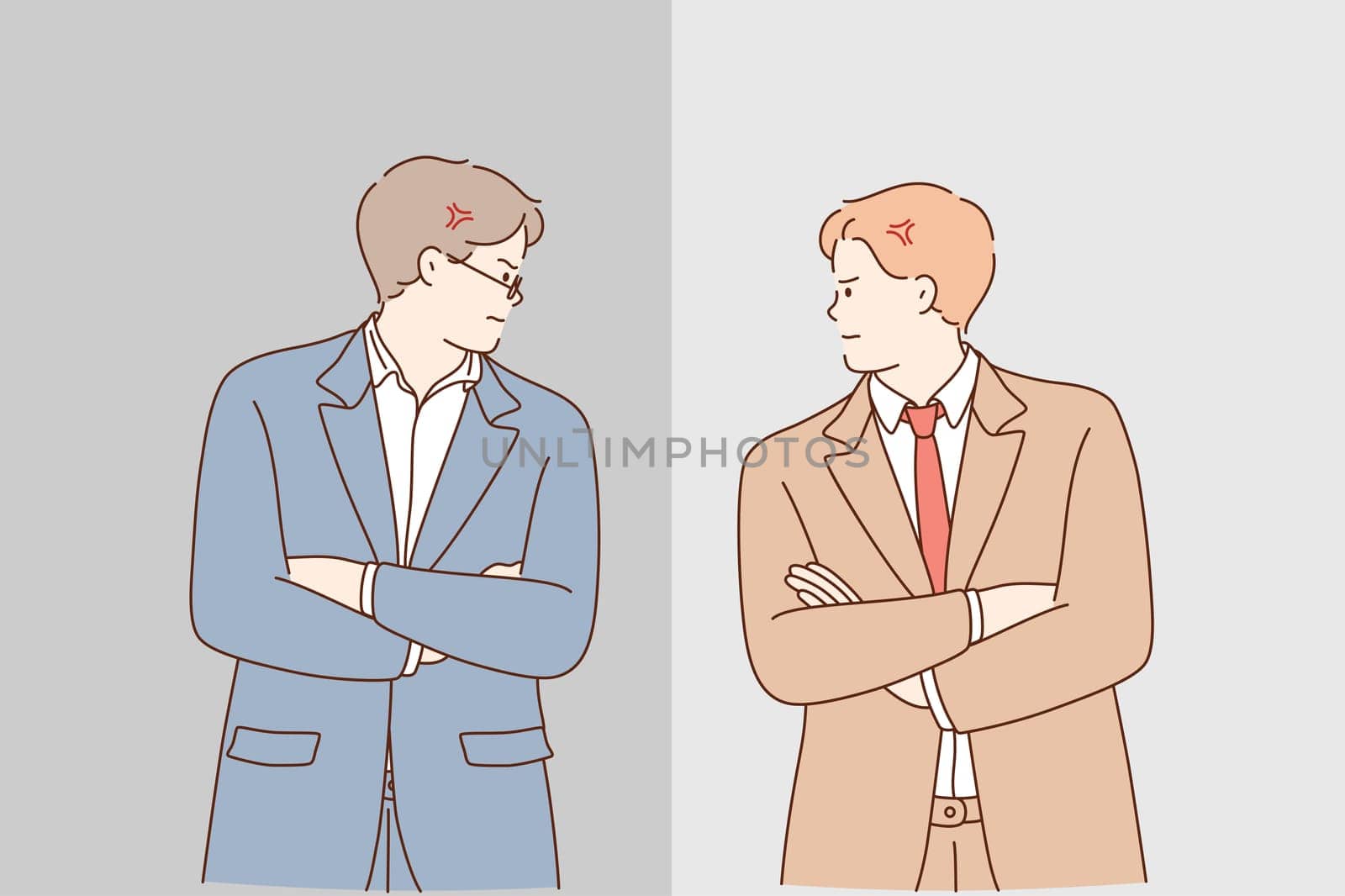 Business competition and confrontation during work concept. Two young men businessmen standing with hands crossed and looking at each other with anger in office vector illustration