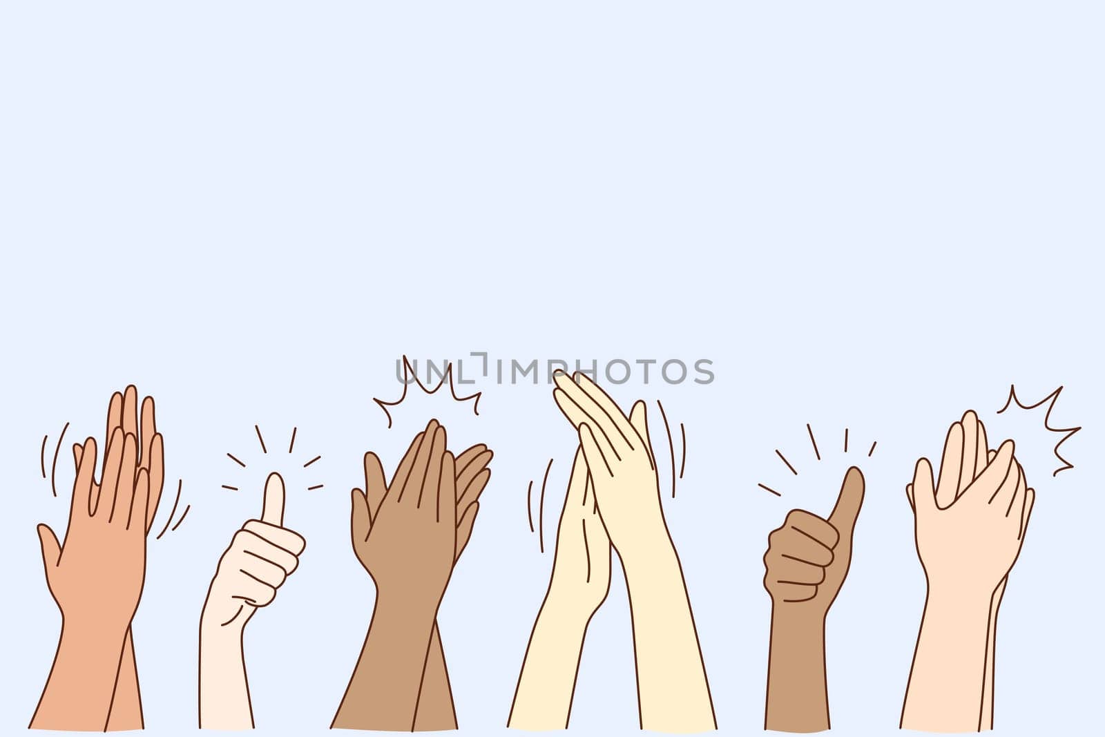 Cheering, ovation, applauding concept. Hands of various people male or female showing thumbs up, applauding, supporting somebody or cheering by gesture vector illustration