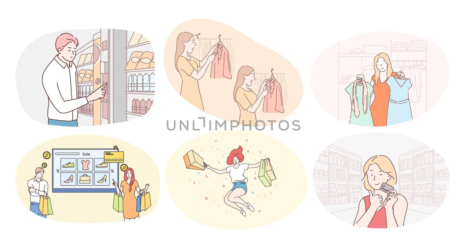 Shopping in trade center or supermarket and sales concept. Happy women and men customers cartoon characters shopping in grocery store or clothes boutique and paying with card for purchase o