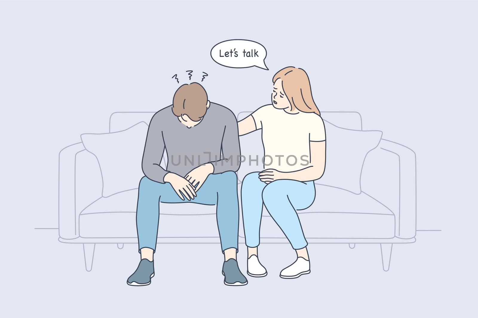 Support, mental depression, suicide prevention day concept. Young caring woman cartoon character sitting on sofa, touching shoulder of depressed man and trying to help or support him illustration
