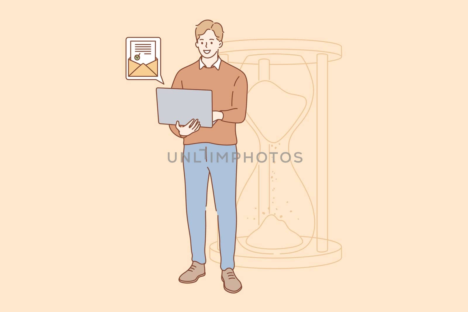 Efficiency in work, successful task completion, excellent time management. Happy young businessman standing with laptop near big sandglass and getting good news by email vector illustration