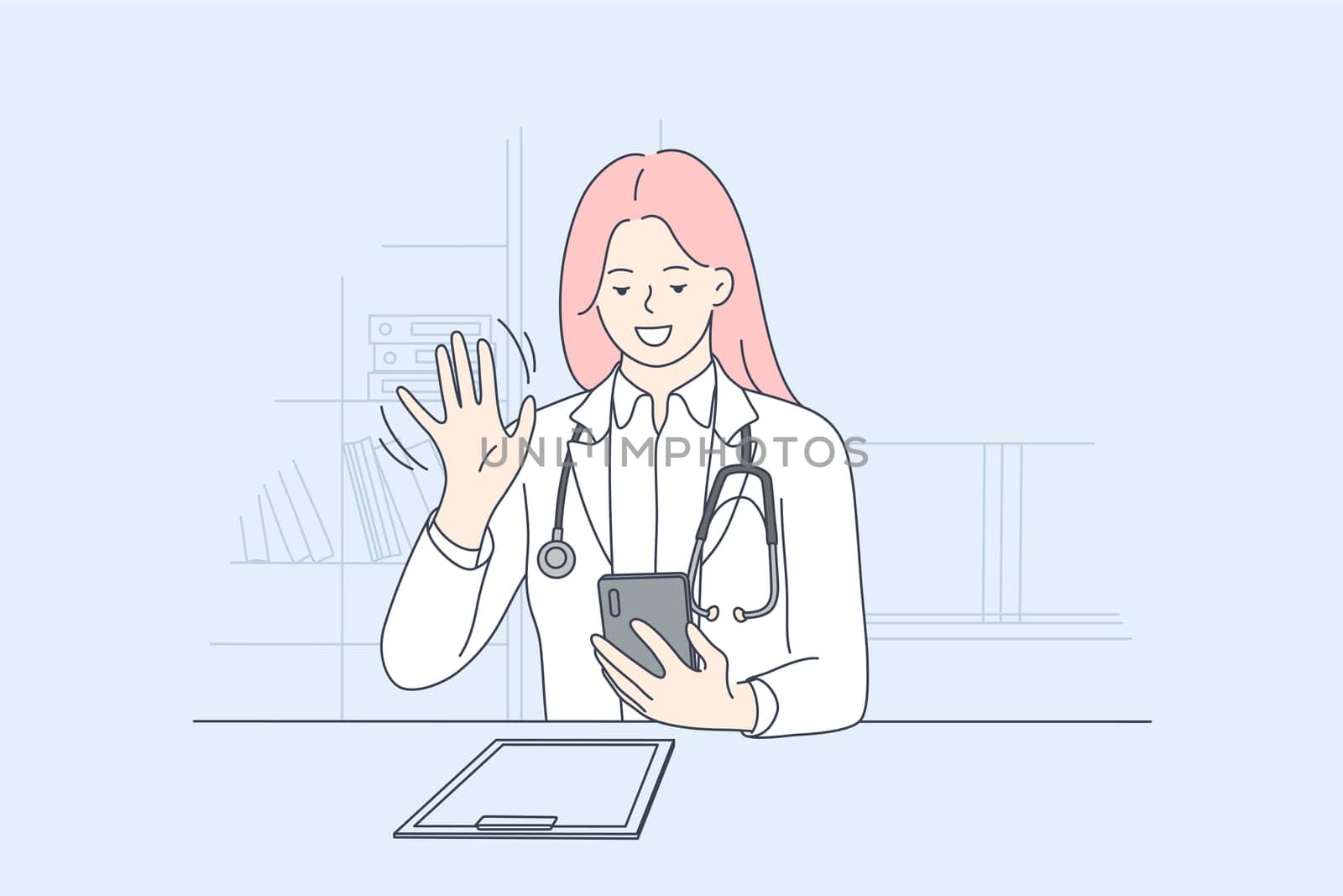 Telemedicine, online doctor, telehealth concept. Smiling female doctor greeting patient online on smartphone during video call, woman therapist making remote consultation in mobile application