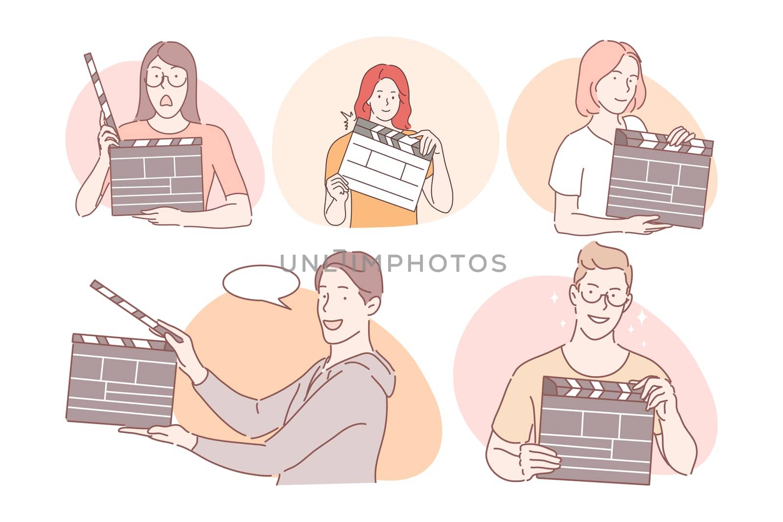 Filmmaking workers with clapperboard concept. Young positive men and women working in cinema production with movie clapperboard and clapping for another take during filmmaking vector illustration