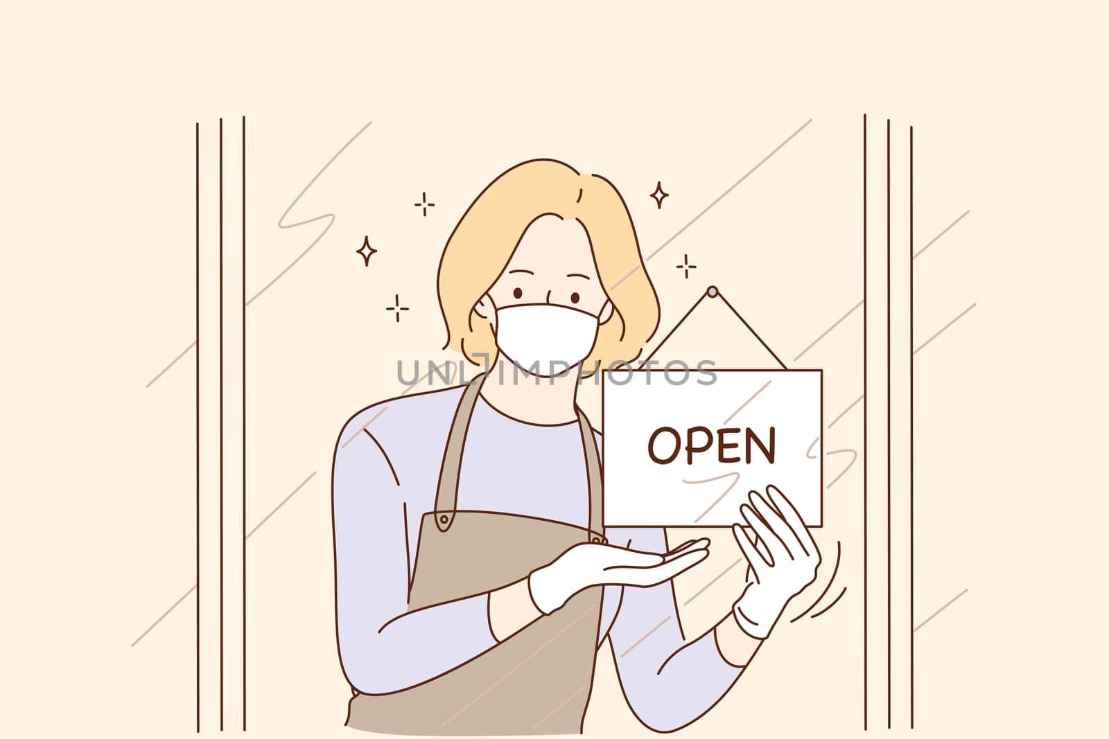 Opening doors after coronavirus pandemic, reopening concept. Young woman in protective medical mask opening door of cafe or shop with men sign and waiting for guests again vector illustration