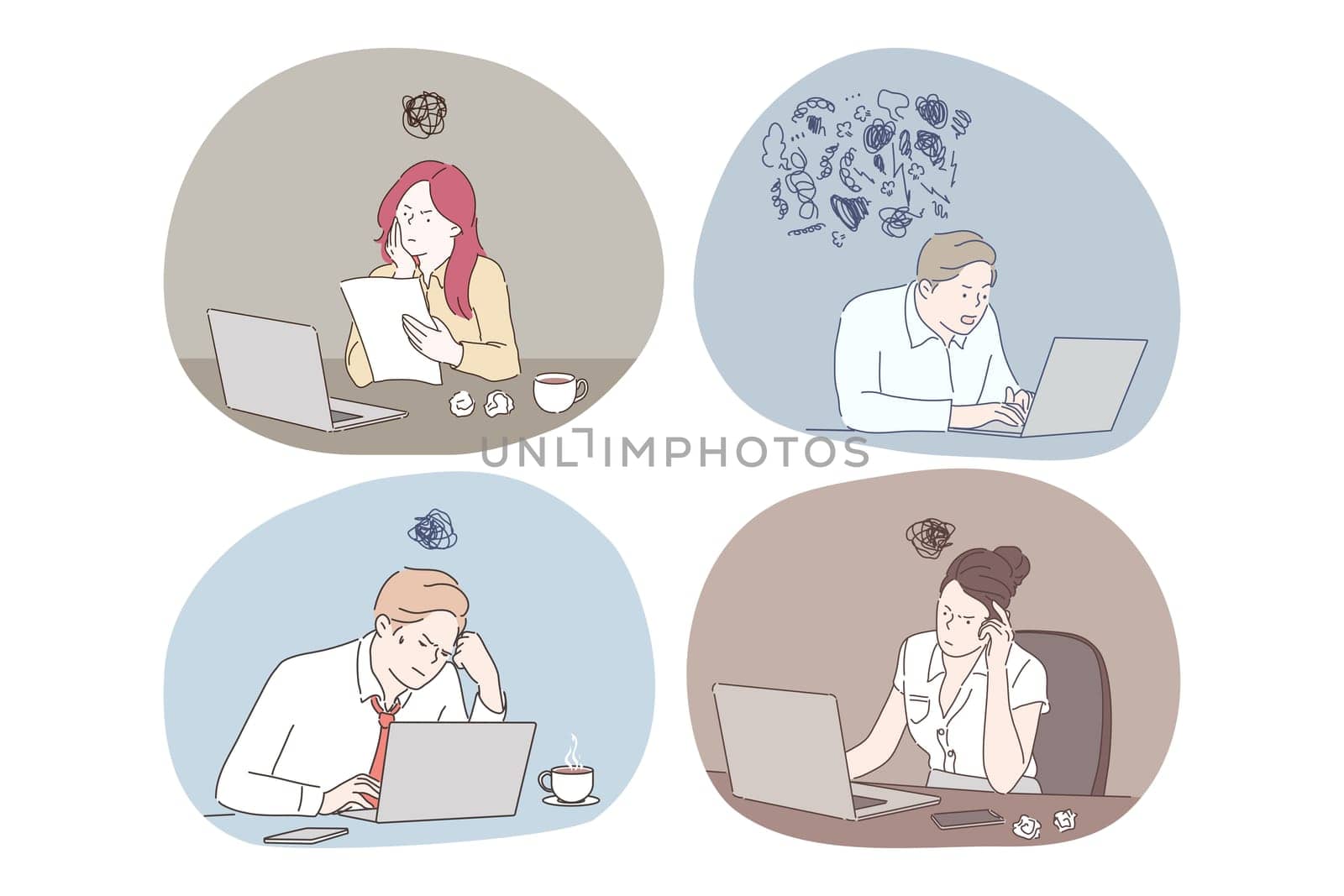 Online work, thinking during work with laptop in office concept. Young business people office workers or managers sitting in office and thinking about presentations or analytics work on laptops