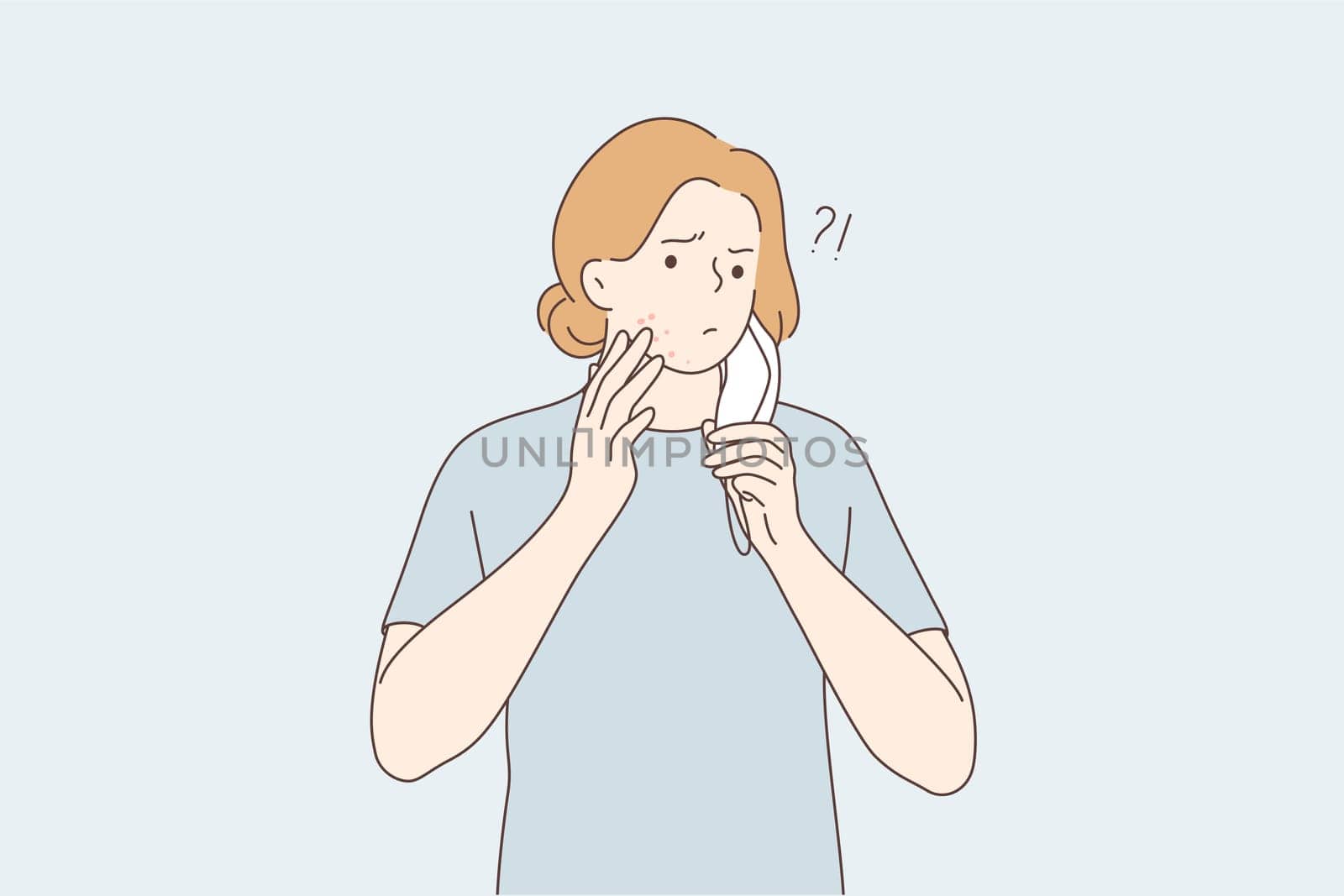 Skin problems, allergy from medical protective mask concept. Young frustrated teen boy cartoon character wearing medical face mask pointing at pimple on chin under mask illustration