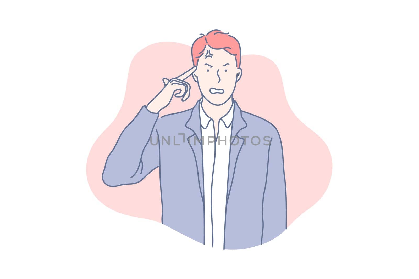 Angry, irritated, stressed man concept. Businessman getting mad with throbbing vein on forehead man, holding finger at temple, annoyed, furious person, negative emotion expression. Simple flat vector
