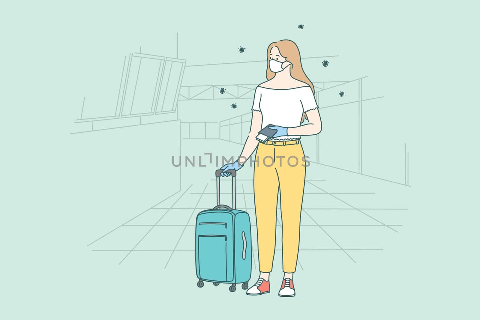 Pandemic influence on travel and airline crisis during covid-19. Lady in face medical mask standing with suitcase in empty airport and checking flight cancellation status on board vector illustration