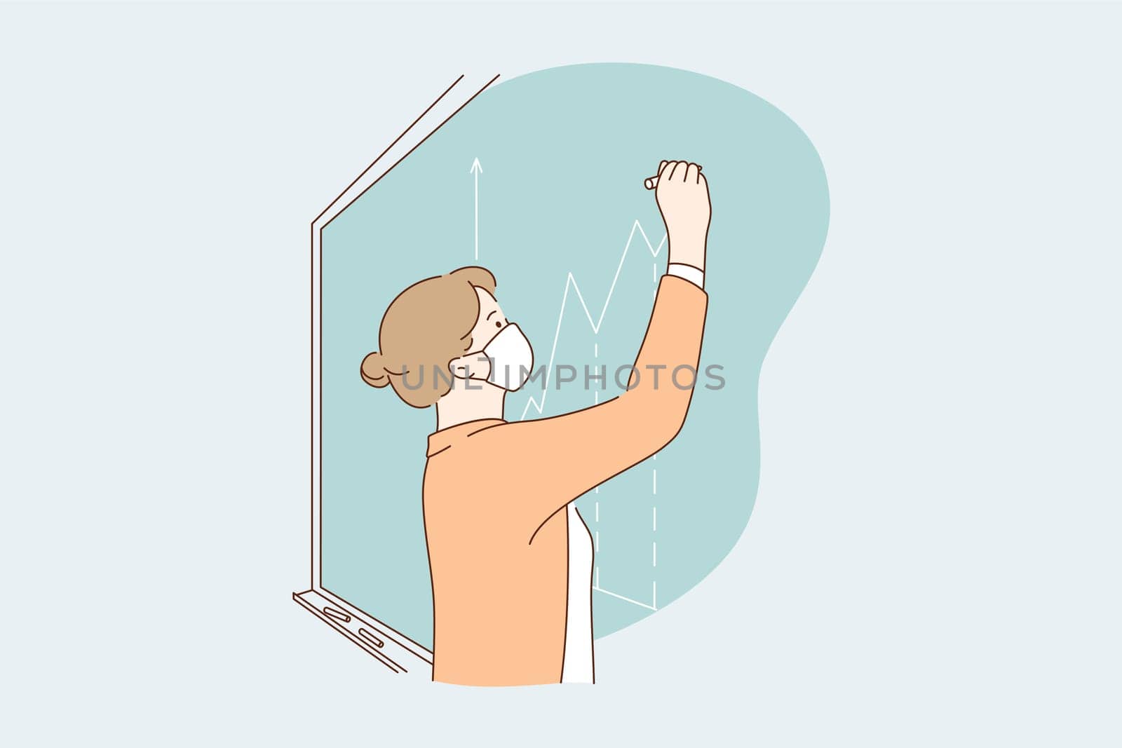 Teacher working during coronavirus pandemic concept. Young woman class teacher cartoon character in protective medical mask writing information on board during quarantine virus situation in school