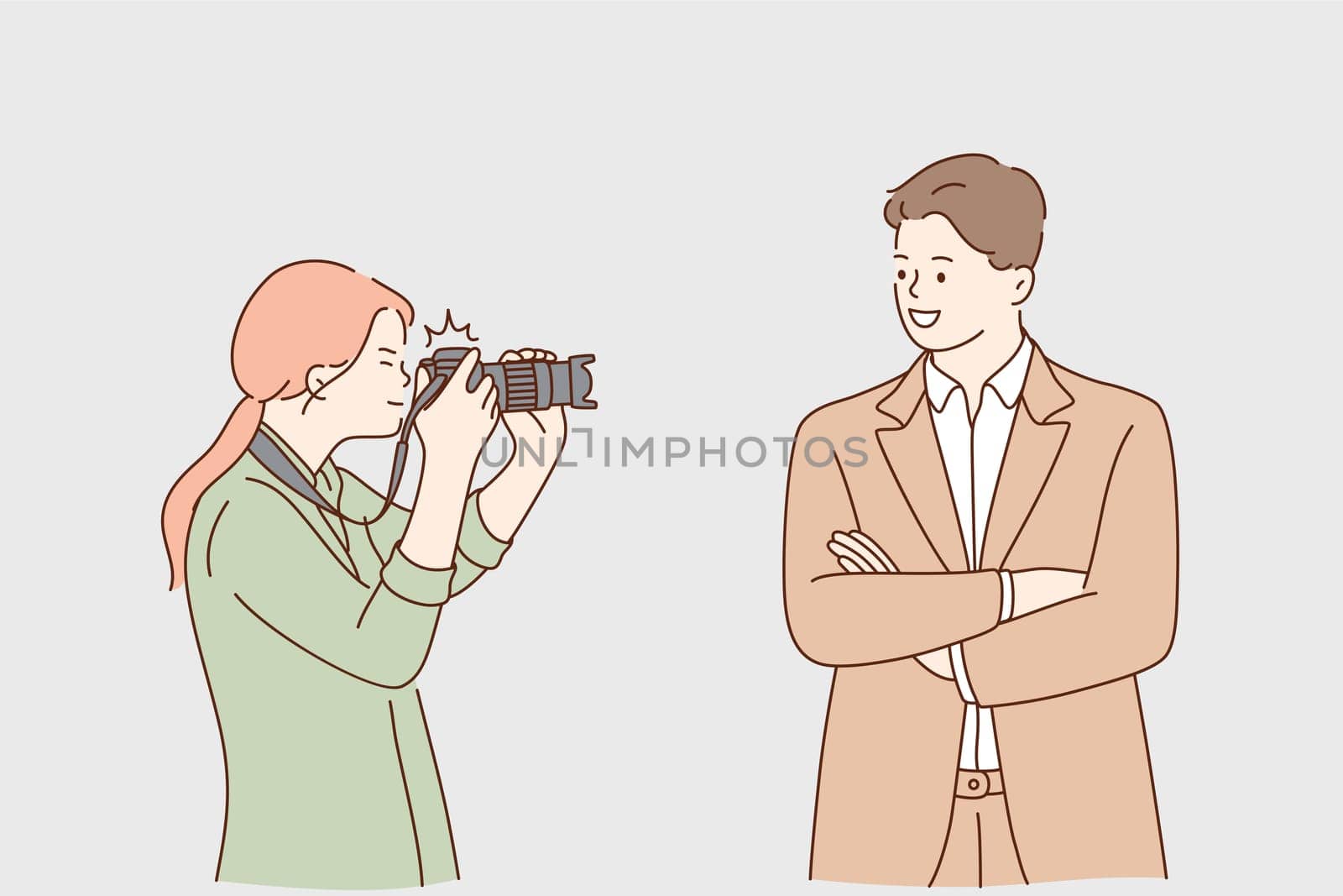 Paparazzi, success, fame concept. Young woman photographer cartoon character taking photo of successful smiling confident businessman with camera for magazine or interview illustration