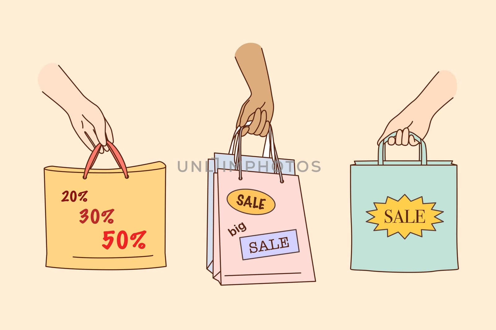 Big sale, shopping, discount in shops concept. People hands holding colorful shopping or gift bags with sale percents and discounts signs and symbols over yellow background illustration