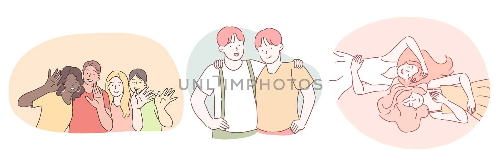 Friendship, mixed race international friends company concept. Young people friends boys and girls teens cartoon characters of different races enjoying friendship and spending time together