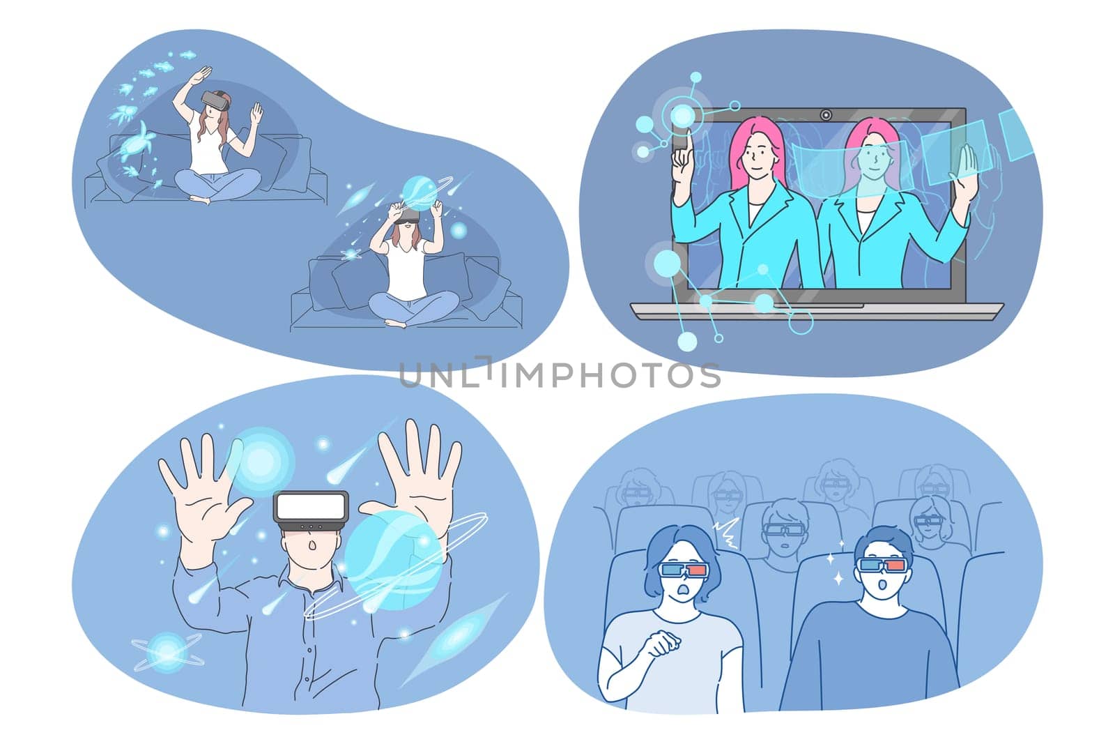Virtual reality and cyberspace through 3d glasses concept. Young surprised women and men wearing special masks and glasses for simulation cyberspace touching space in futuristic digital reality