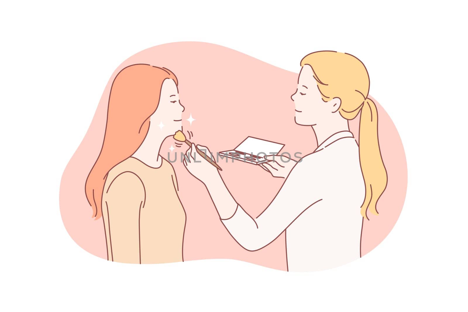 Beauty, makeup, stylist concept. Young woman prepares for date and wants to look beautiful. Professional stylist helps contented girl to do makeup. Makeup makes people beautiful. Simple flat vector
