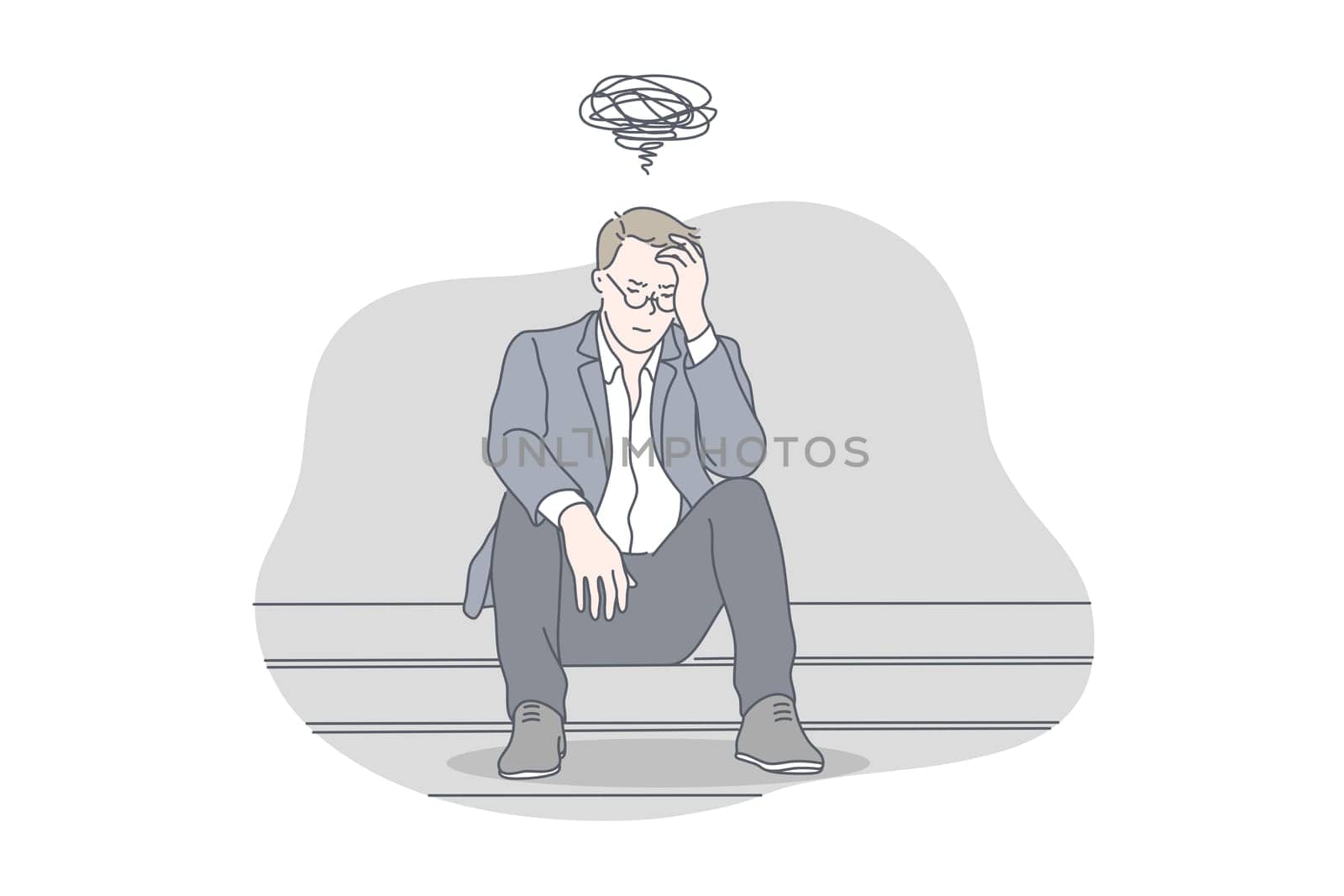 Busines, depression, stress, problem, work concept. Young exhausted, nervous, thoughtful businessman has work problem and got depression. Work may cause raise of stress level. Simple flat vector