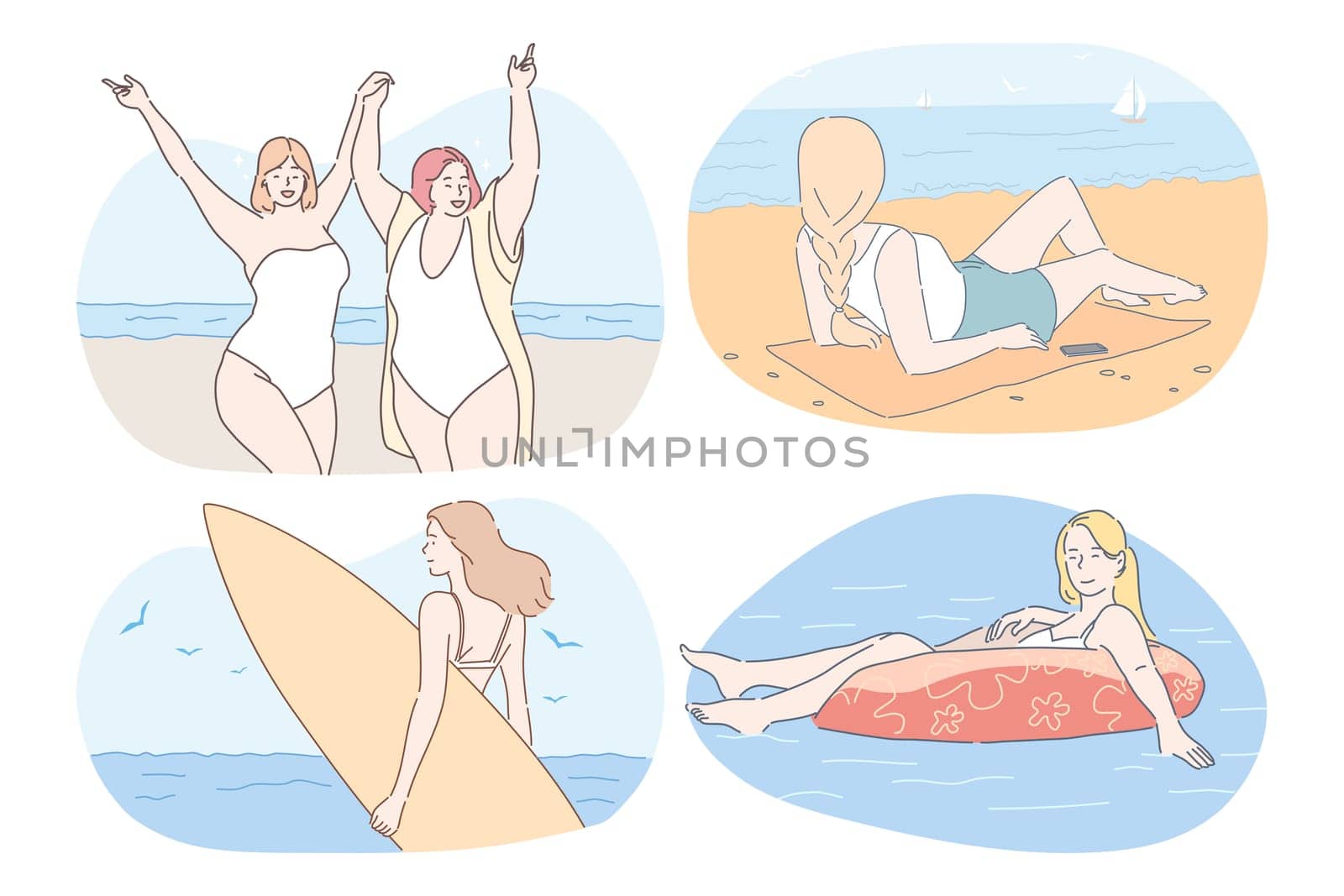Vacations, traveling, summer holidays near sea concept. Young women in bikini sunbathing, swimming, surfing, relaxing and enjoying vacations on sea or ocean in summer during weekend