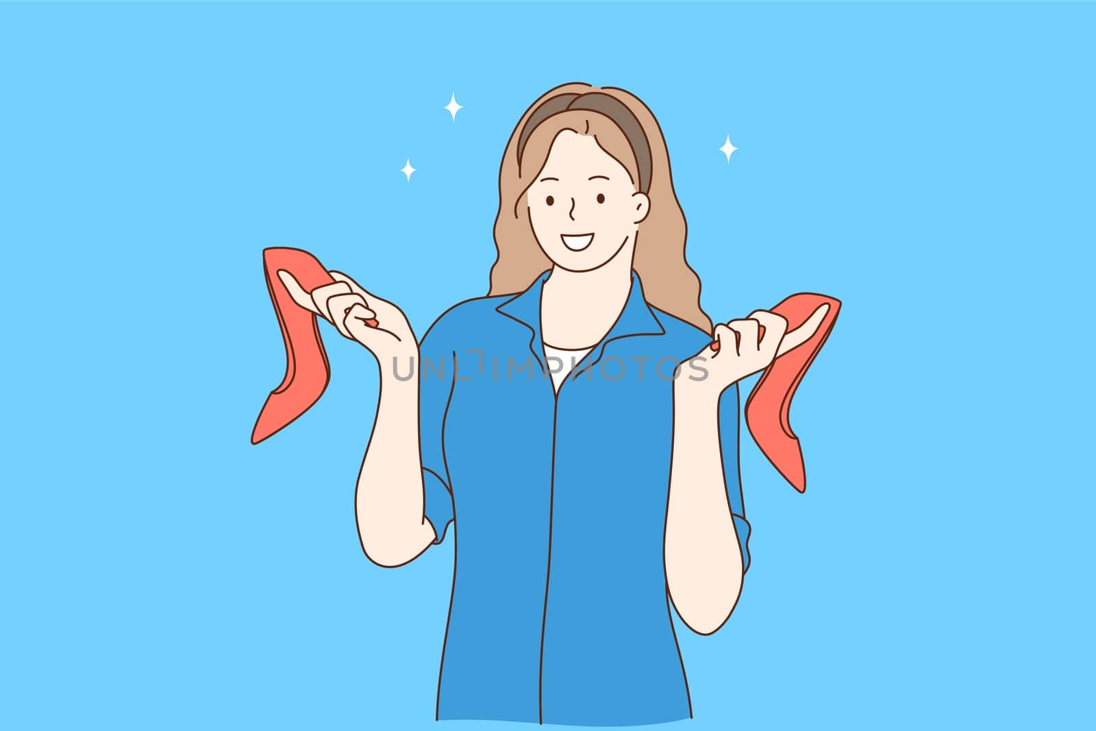 Fashionable red high heels shoes and glamorous footwear concept. Young pretty smiling woman cartoon character standing and holding pair of stylish red shoes in hands over blue background