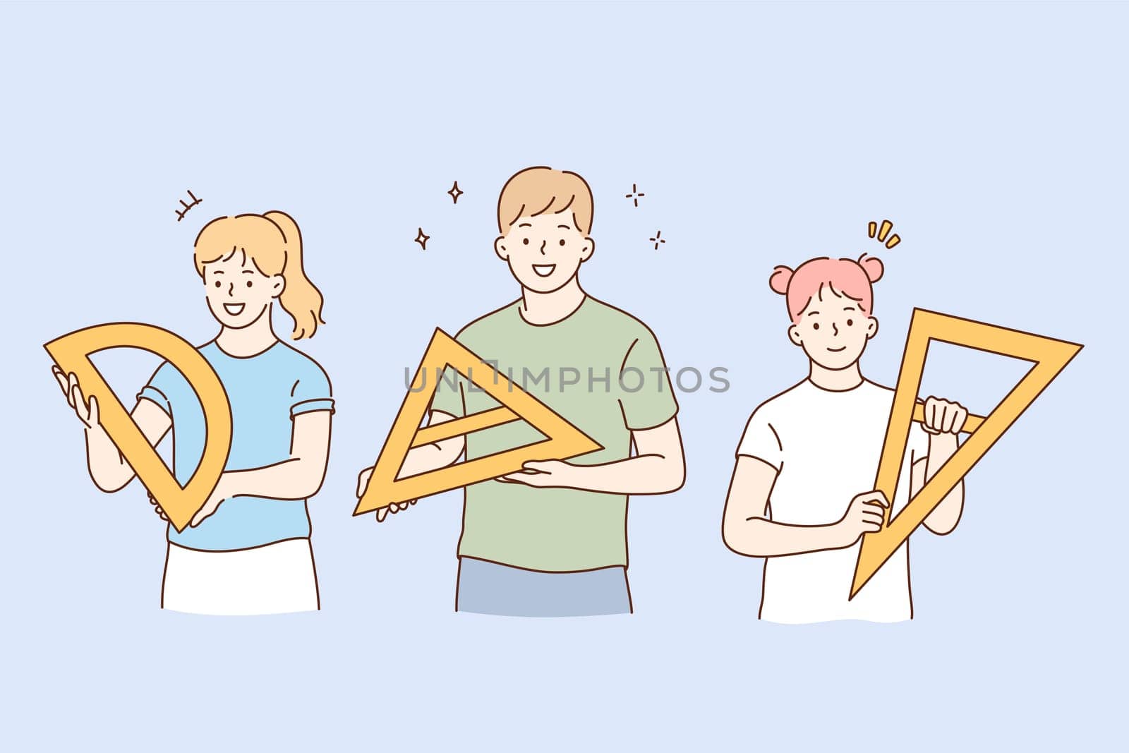 Learning geometry and school lifestyle concept. Happy children pupils cartoon characters holding triangle and ruler in hands ready for class or lesson vector illustration
