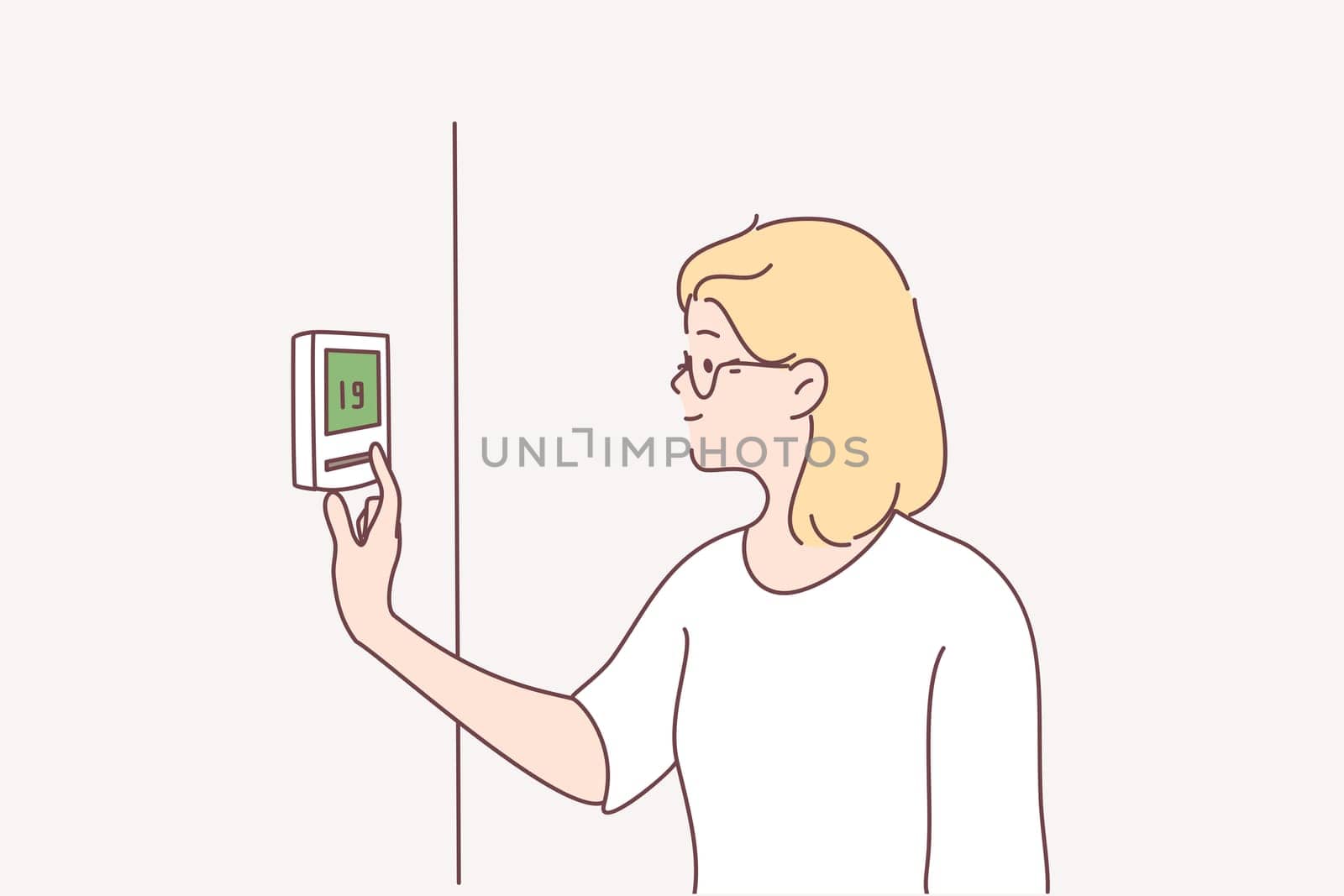 Central heating, air conditioning concept. Portrait of smiling blonde woman cartoon character standing and fixing temperature of Central Heating at home to in office vector illustration