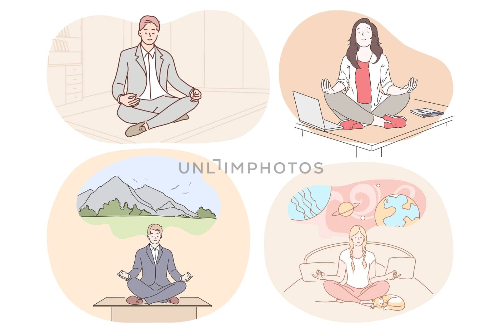 Meditation, relaxation, reaching harmony during working day and before sleep concept. Young men and women meditating and practicing yoga relaxation in lotus position in office and at home in bed