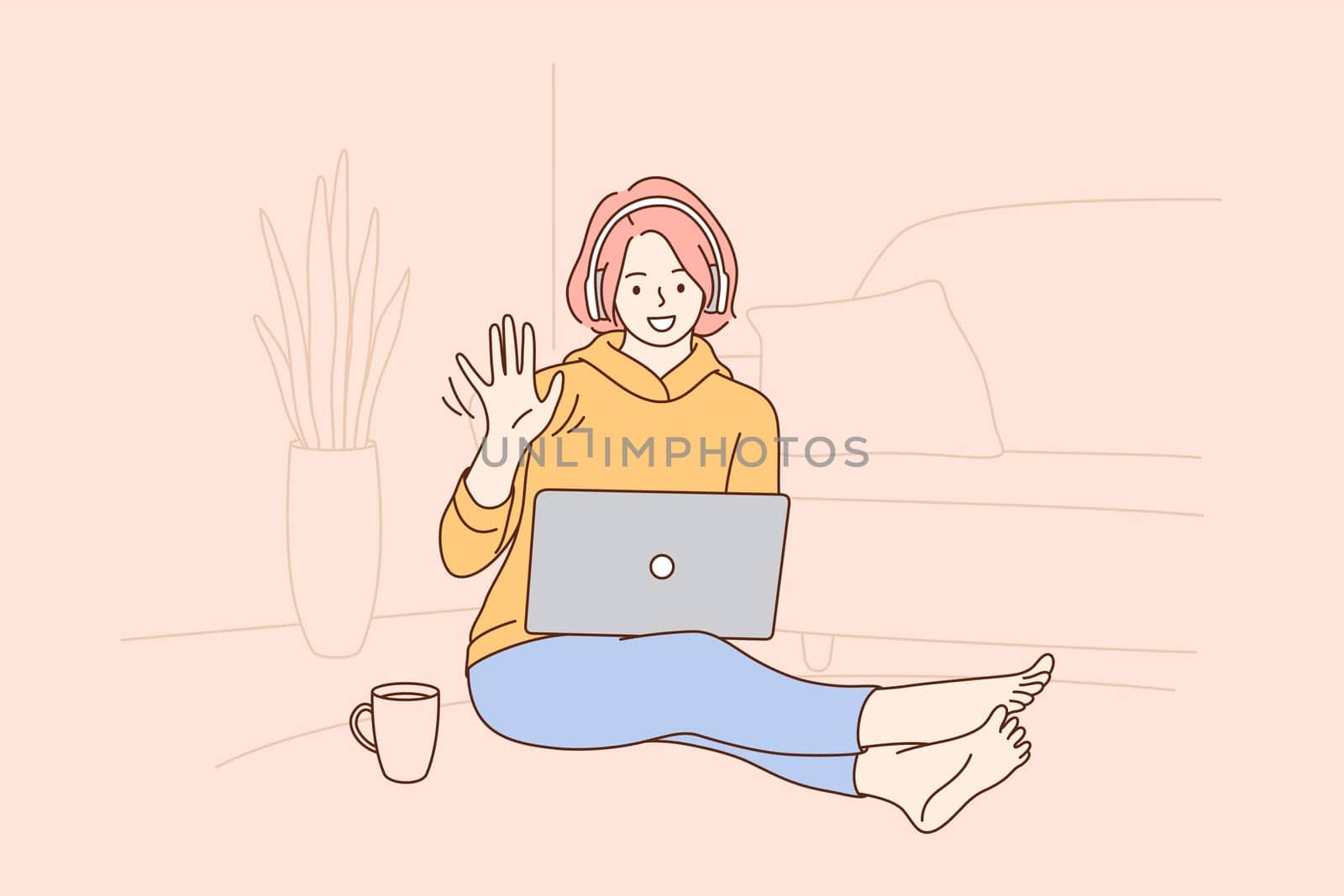 Online communication, video call, virtual meeting concept. Happy teen girl pupil or student with pink hair in headphones waving during video conference on laptop from home vector illustration