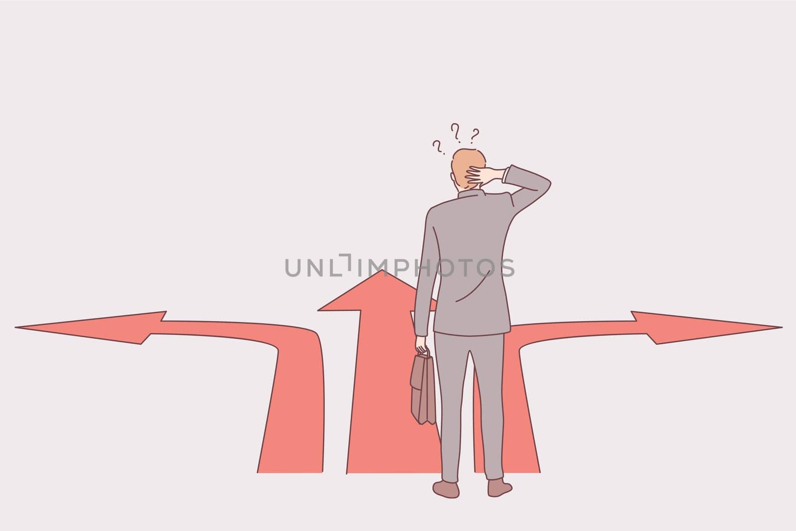 Strategy, business direction, way choice concept. Businessman standing at crossroads and thinking about right path. Pathway selection dilemma vector illustration
