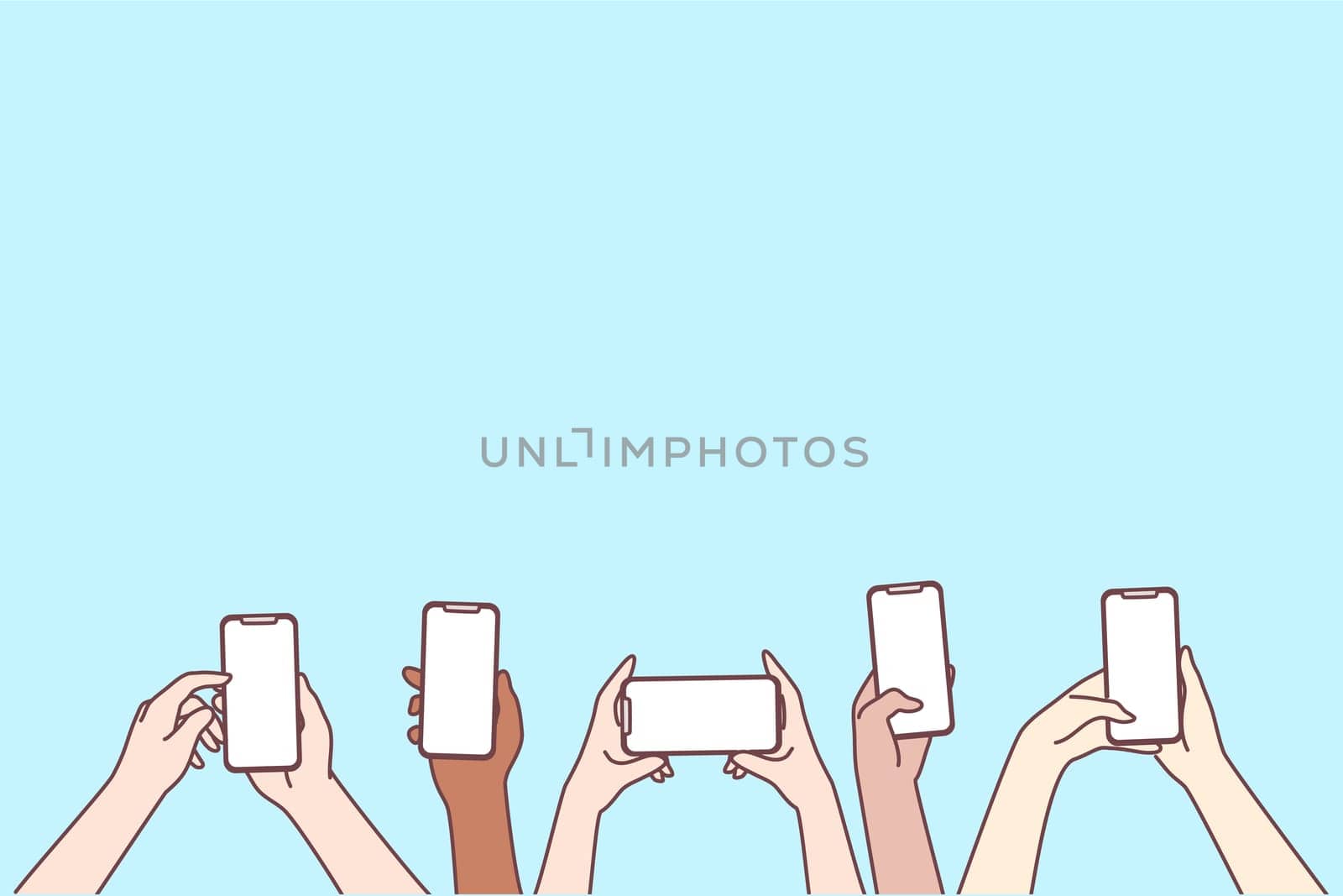 Smartphone screen, online communication, chatting concept. Human hands using smartphones, chatting, making photo, surfing in social media, sharing posts vector illustration