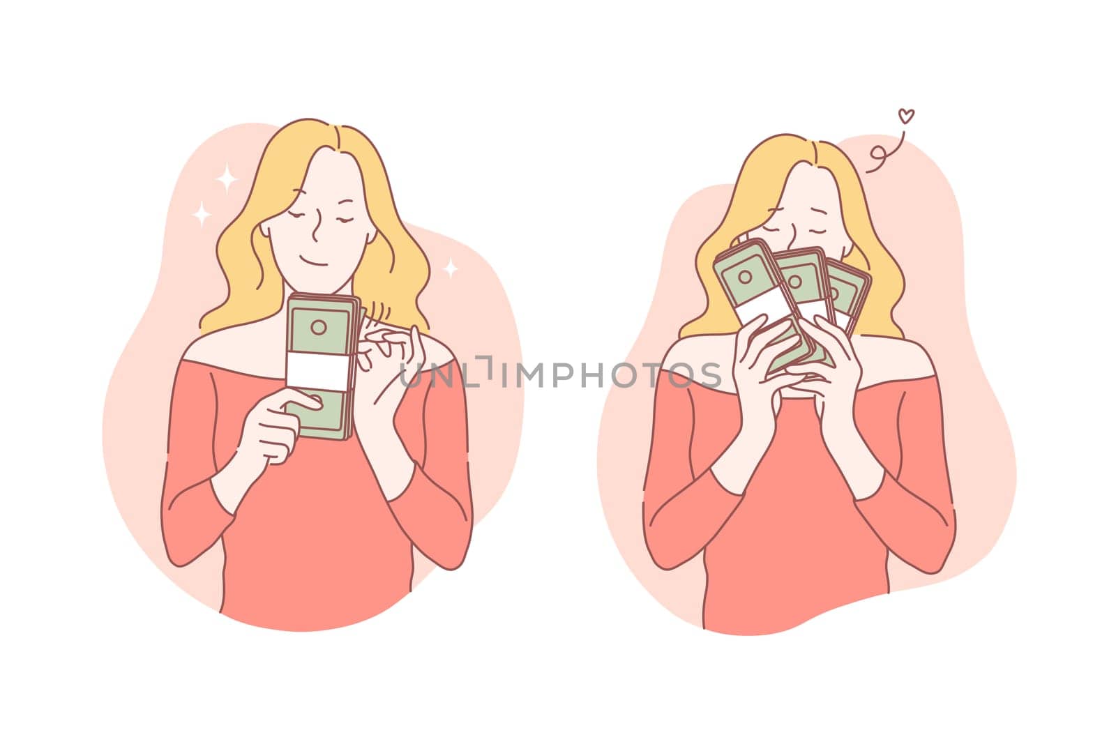 Business, success, moneymaker, profit set concept. Young successful businesswoman made good deal and enjoys big profit. Young girl is real moneymaker and knows a lot about business. Simple flat vector