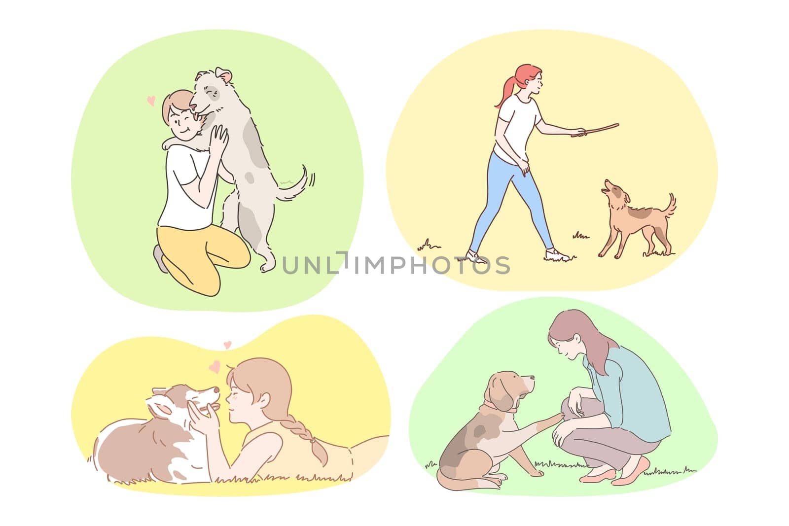 Dogs companionship and friendship concept. Set of happy boys and girls training, teaching, walking and enjoying company of dogs and puppies outdoors in summer isolated over white