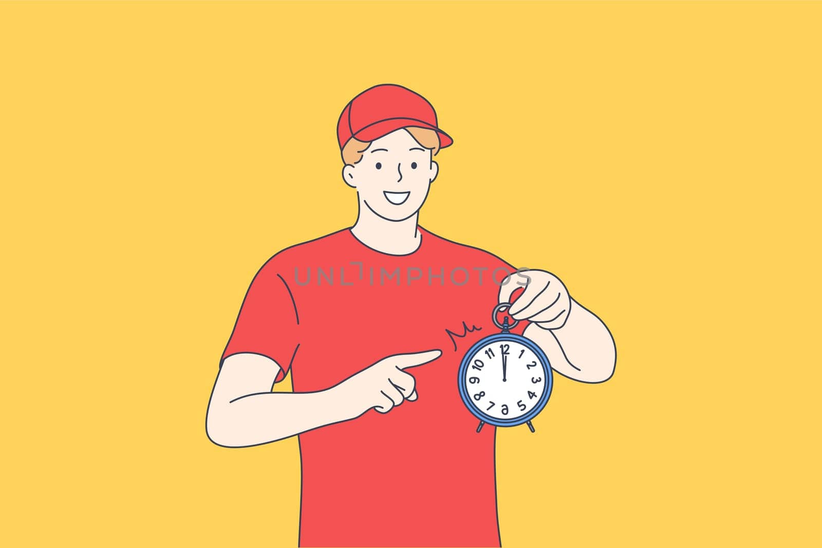 Courier delivery service, being in time concept. Happy young man in red working uniform standing and pointing at alarm clock meaning delivering parcel in time for client on yellow background