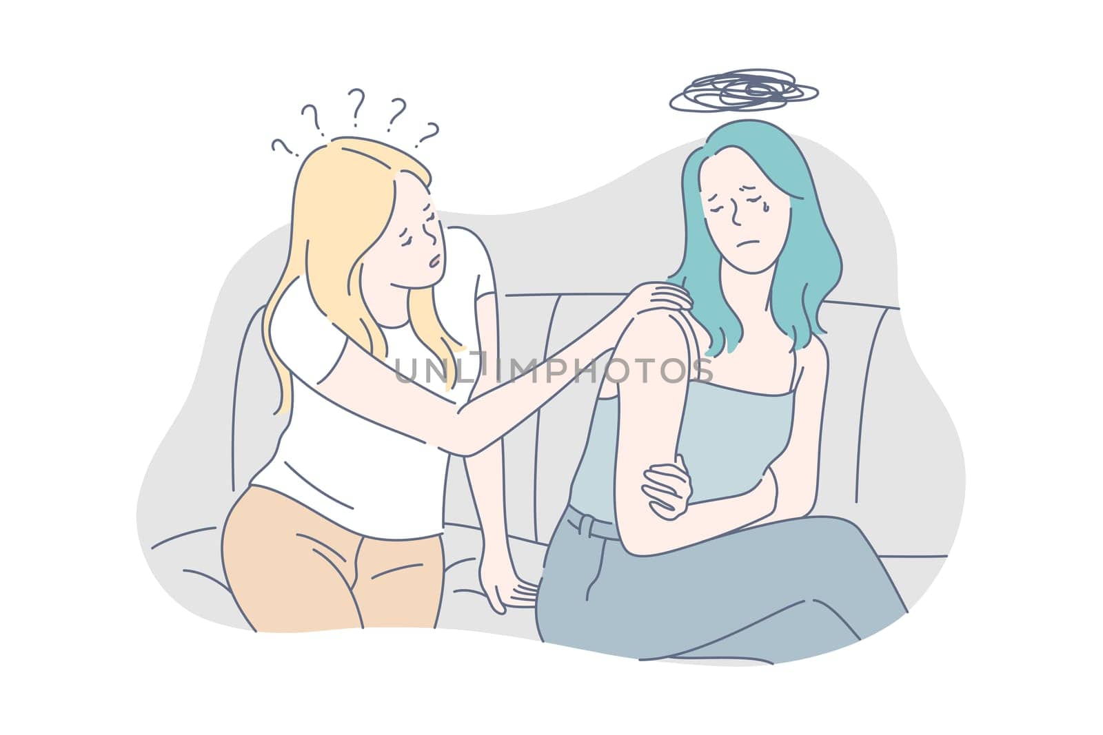Family, care, support, depression, stress concept. Family support. Young careful girl tries support her depressed upset friend. Breakdown in relationships raises stress level. Simple flat vector