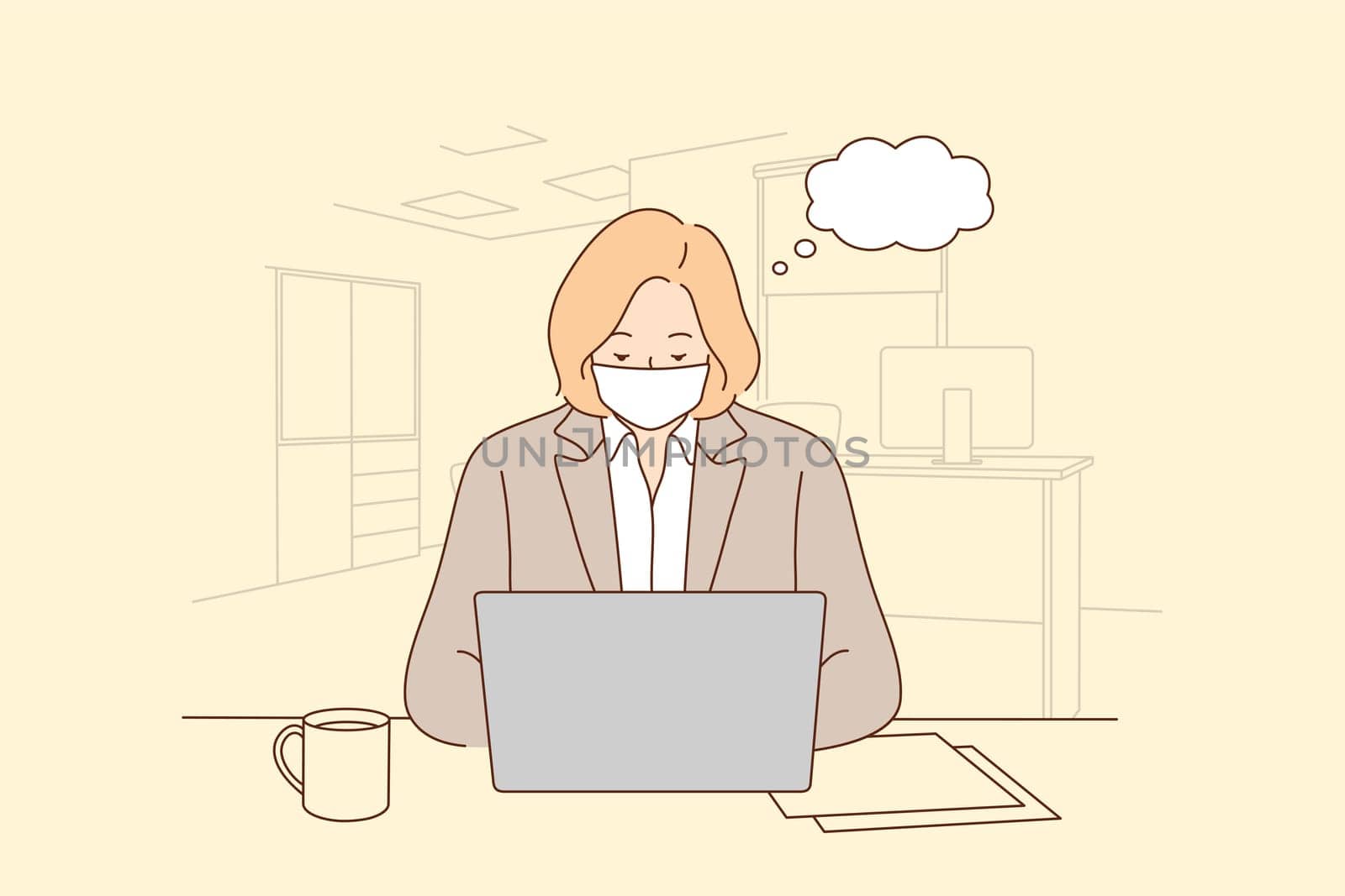 Working during COVID-19 pandemic and wearing medical mask. Woman office worker employee in face mask working alone and keeping social distance during outbreak of pandemic situation